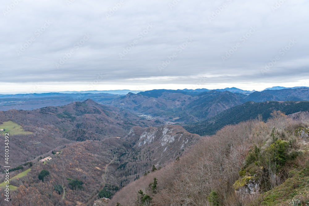Landscape of Cathar castle of Montsegur in Ariege, Occitanie in south of France