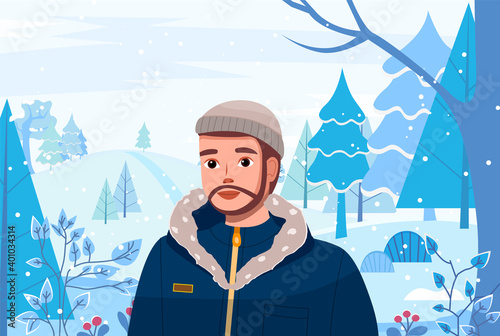 Man in winter snow forest landscape. Young bearded guy vector illustration in flat style walk in winter time. Male character wearing in warm jacket with a hood and in a cap in winter park sunny day