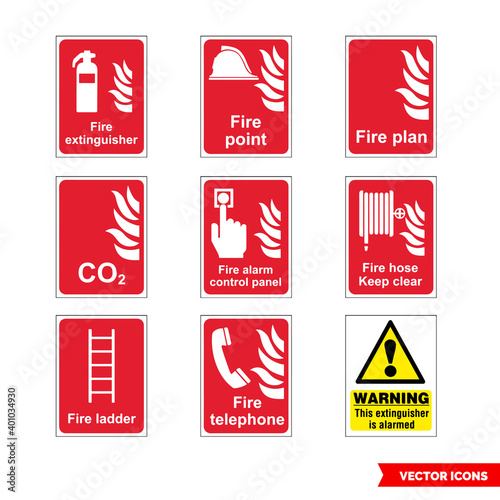 Fire fighting signs icon set of color types. Isolated vector sign symbols. Icon pack.