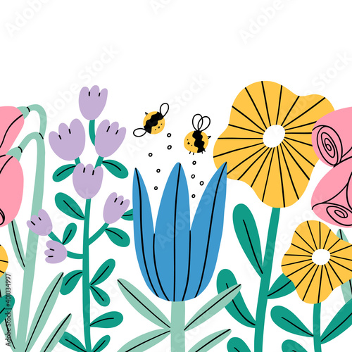 Big cartoon flowers seamless composition, vector border