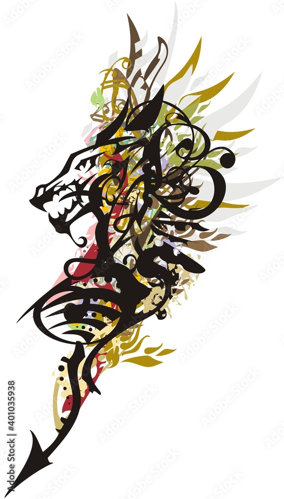 Colorful twirled dragon symbol splashes. The symbol of a young aggressive dragon with elements of feathers, golden and floral motifs for prints on T-shirts, wallpaper, textiles, tattoos, etc.