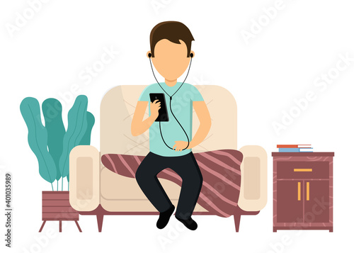 Man is sitting on the couch and listening to music. Guy with a phone and headphones in his hands. Male character is resting and spending time at home. Person relaxing with songs vector illustration
