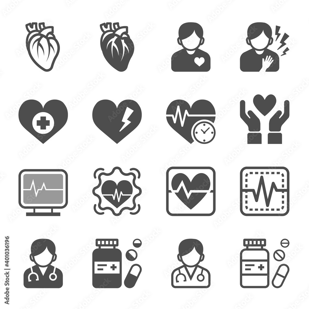 Heart disease icon set - Symptoms Causes Treatment Symbol logo design