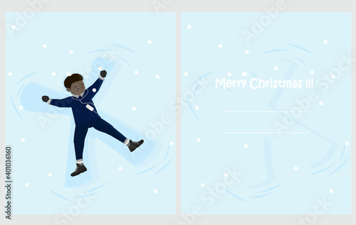 christmas card with snow angel and a young guy listening to music on the player 