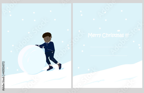 christmas card with snowball and a young guy listening to music on the player	