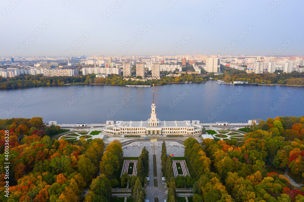 An aerial view shows on top of North River Terminal or Rechnoy Vokzal in Moscow, early September morning.