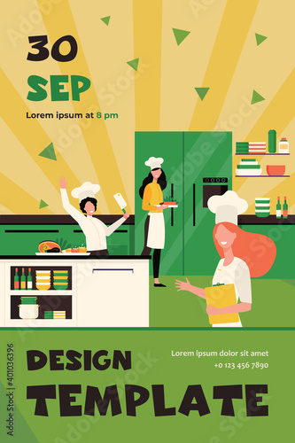 Professional chefs cooking at restaurant kitchen flat vector illustration. Happy cartoon cooks preparing food and desserts for cafe. Interior, gourmet and hospitality concept