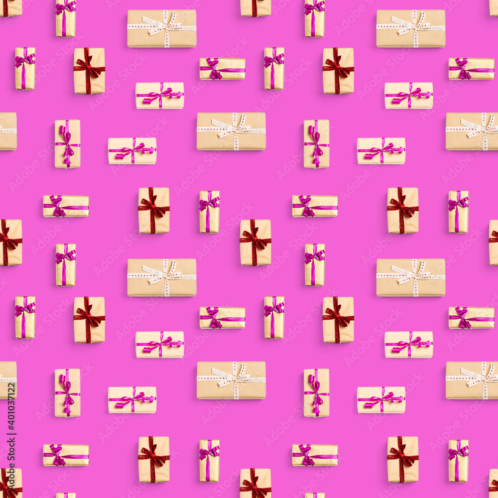Seamless pattern made from gift boxes on pink background presents, gifts minimal concept seamless pattern. Abstract pattern for christmas birthday wedding Seamless pattern made from gift boxes on pink background presents, gifts minimal concept seamless pattern. Abstract pattern for christmas birthday wedding