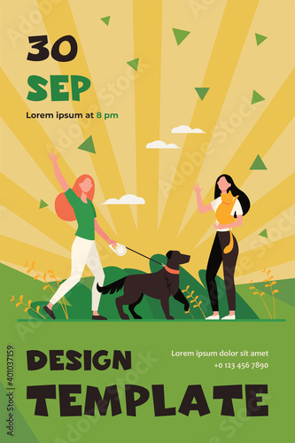 Friend walking with pets, meeting and waving hello. Women with dog and cat outside flat vector illustration. Animal care, adoption, lifestyle concept for banner, website design or landing web page