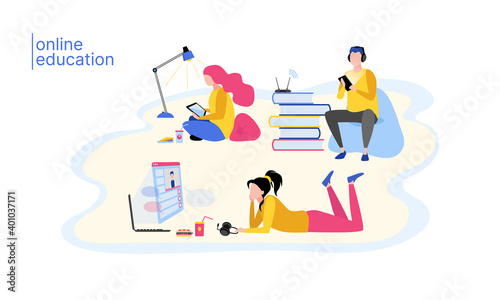 Set of distance online education at home. Through a smartphone, computer, monitor. Flat vector illustration