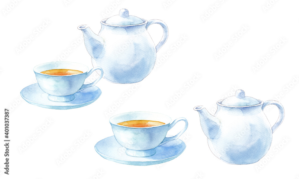 白い茶器 ティーセットの水彩イラスト ティーポットとカップアンドソーサー Stock Illustration Adobe Stock
