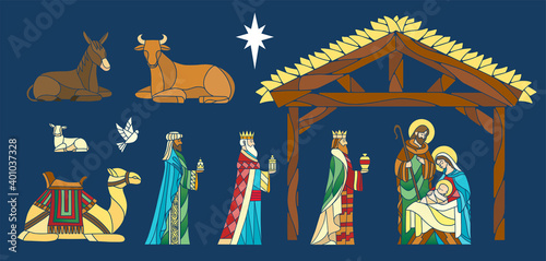 Nativity in stained glass. Christmas season - Vector