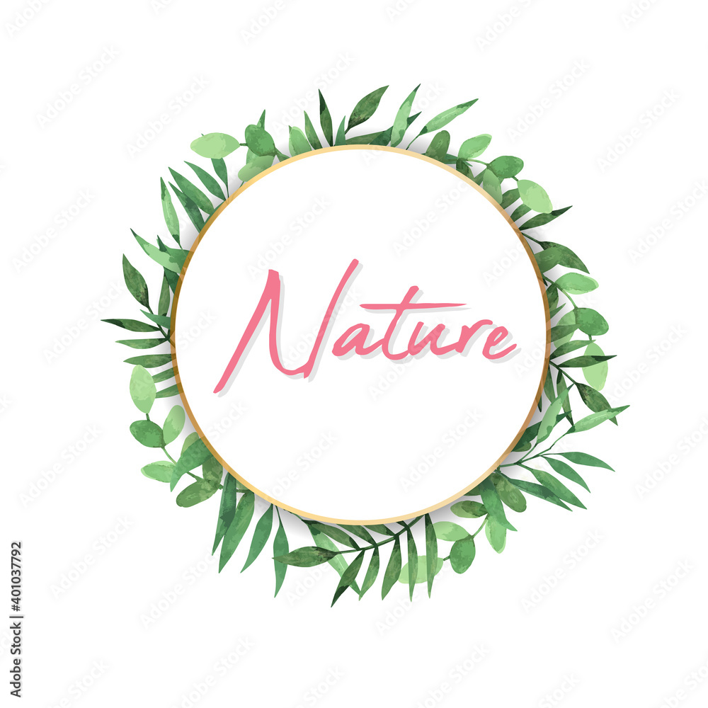 Watercolor leaves around a white Nature text copy space. Bright abstract background for banner, flyer, or cover with copy space for text or emblem Watercolor leaves around a white Nature text copy space. Bright abstract background for banner, flyer, or cover with copy space for text or emblem