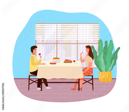 Italian family is spending time together. Dining table with pasta and snack. People are eating traditional italian dishes. Characters are drinking wine. Couple on a date in food establishment