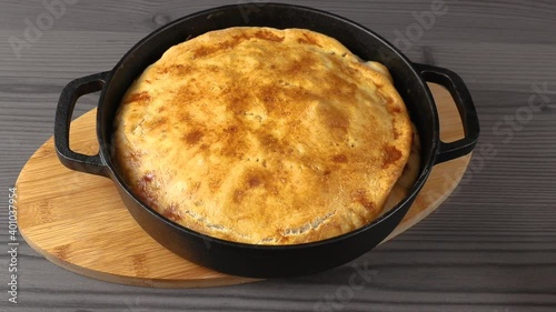 Wallpaper Mural to put fresh baked yellow pie and cast-iron pan on table. concept of homemade cooking Torontodigital.ca