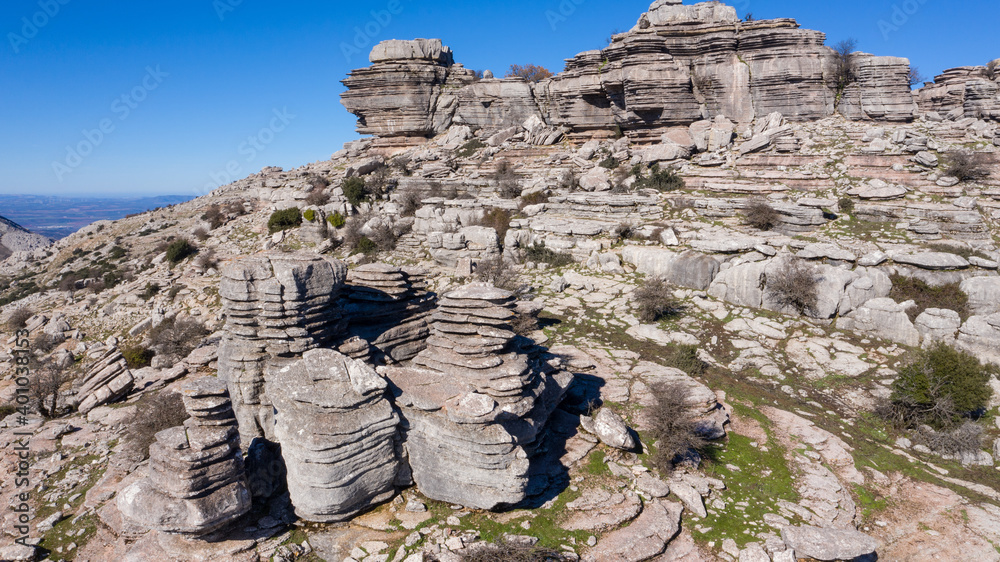 Aerial top view of karstic stone formations in Torcal de Antequera, Andalusia, Spain