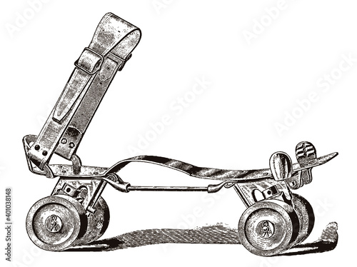 Antique adjustable four-wheel roller skate in side view