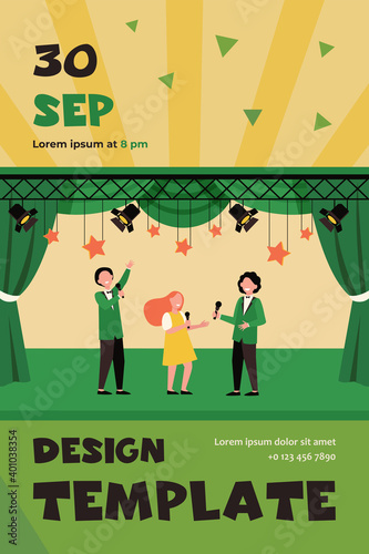 Happy children with microphones performing on stage, playing roles in school theater or singing. Vector illustration for talent show, concert, performance, childhood concept