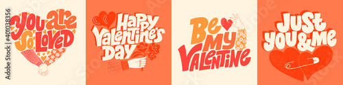 Vector card set for valentines day. Romantic collection for social media, print, t-shirt, card, poster, gift, landing page, web design elements. Hand-drawn lettering typography. Doodle illustration.