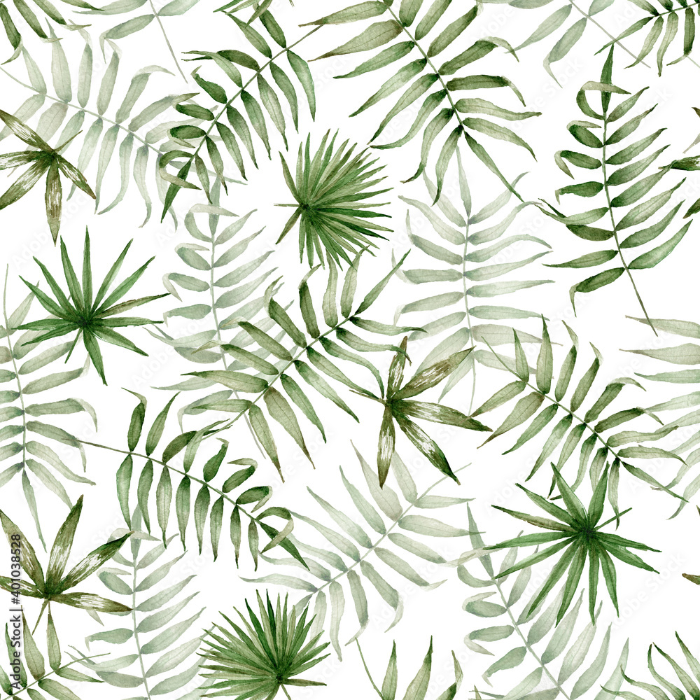 Watercolor palm leaves pattern. Exotic tropic seamless background. Summer tiled texture on white background. For textile, wrapping, design, wedding, invitations