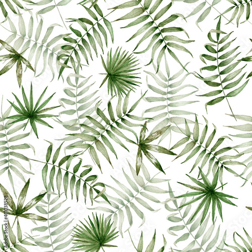 Fototapeta Naklejka Na Ścianę i Meble -  Watercolor palm leaves pattern. Exotic tropic seamless background. Summer tiled texture on white background. For textile, wrapping, design, wedding, invitations