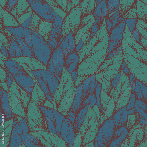 Vector seamless pattern with dark green vintage leaves. Floral ornament for design of tea packaging, cards, fabrics, cosmetic products, banners. Imitation of an old hand drawing. Plant elements.