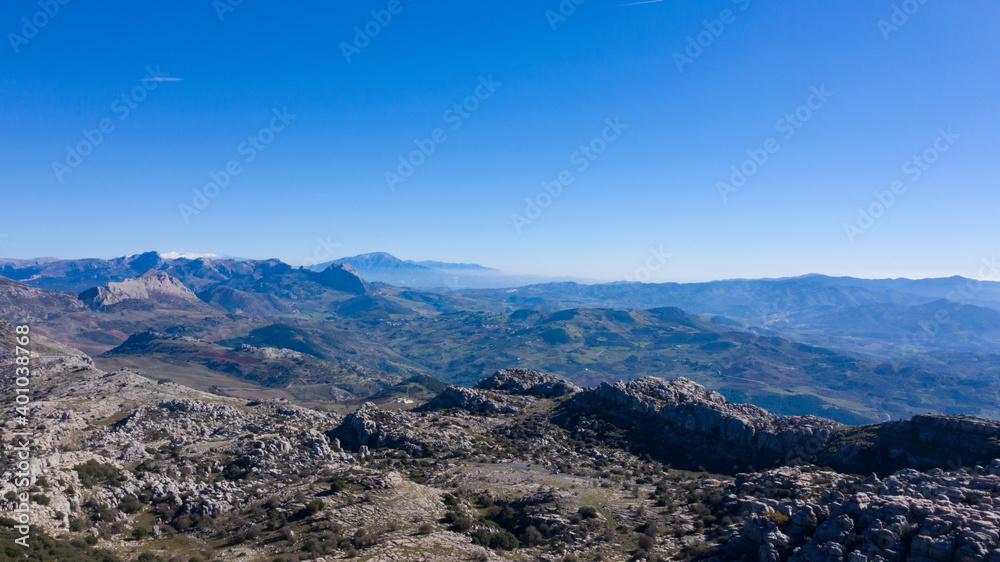 Aerial bird view of Andalusian mountain country side from Torcal de Antequera