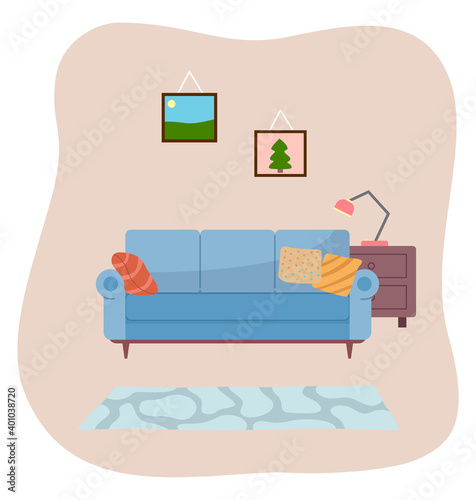 Living room interior design flat vector illustration. Soft couch with pillows on a blue background. Arrangement of furniture and layout of premises in the apartment. Furniture equipment of rooms