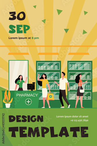 Customers and pharmacist in pharmacy store. People buying medication in drugstore. Flat vector illustration for service, treatment, pharmaceutics concept