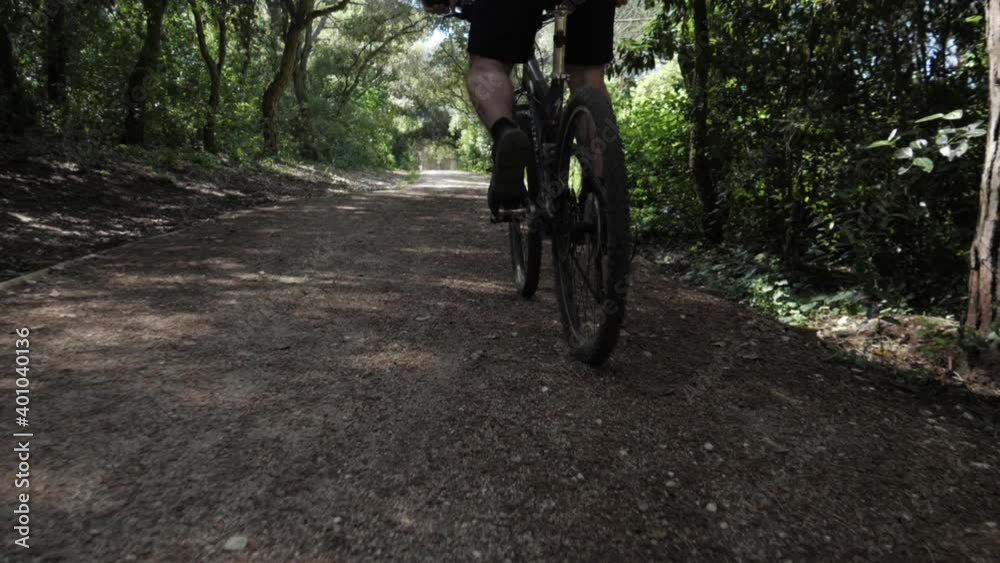young man rides mountain bike in forest trail slow motion young man rides mountain bike in forest trail slow motion