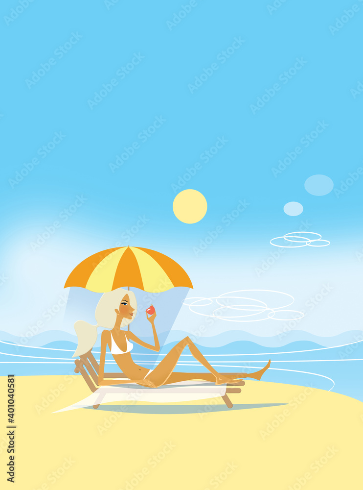 Girl in a swimsuit with an apple in her hand. Lies on a chaise longue under an umbrella on the beach on a clear sunny day.  Holidays, sea rest. Illustration.