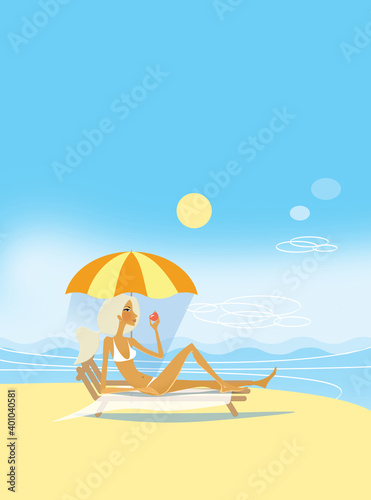 Girl in a swimsuit with an apple in her hand. Lies on a chaise longue under an umbrella on the beach on a clear sunny day. Holidays, sea rest. Illustration.