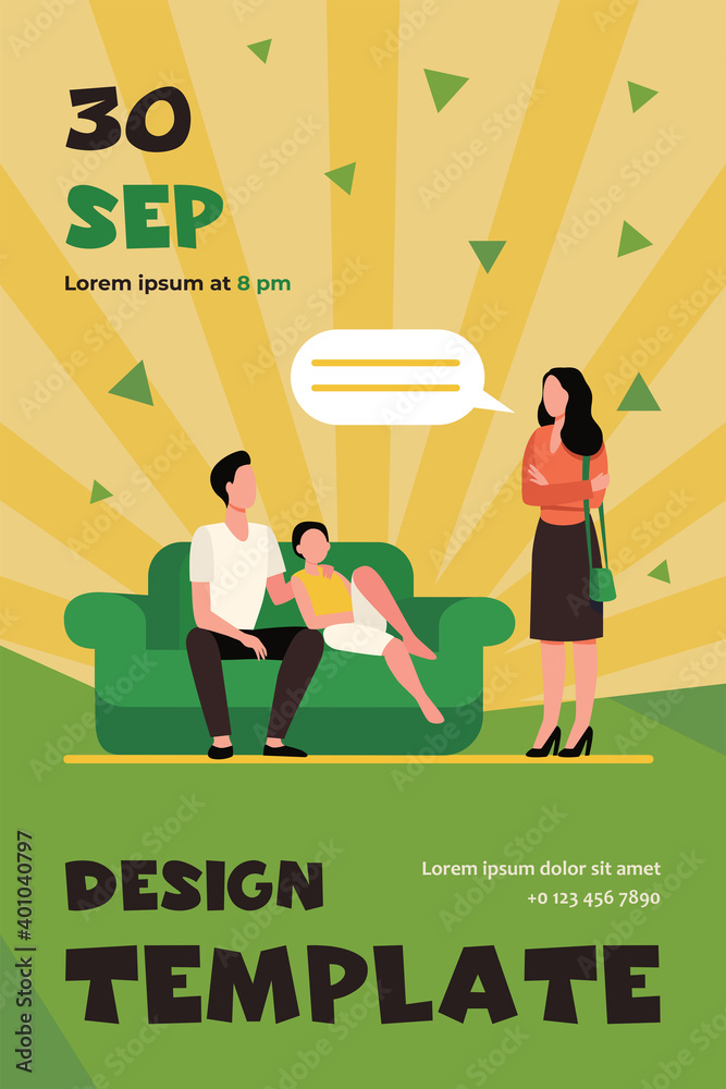 Unpleased woman talking with husband and son on sofa. Couch, wife, home flat vector illustration. Family and relationship concept for banner, website design or landing web page
