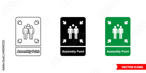 Emergency escape sign assembly point icon of 3 types color, black and white, outline. Isolated vector sign symbol.