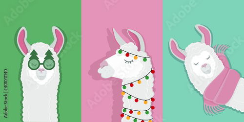 A set of bright vector postcard templates with the image of a llama. Christmas funny alpaca wrapped in a Christmas tree garland, in a scarf, in funny glasses. Blanks for websites and banners.