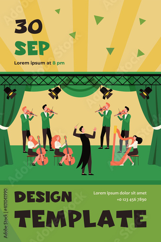 Conductor and musicians standing on theater stage flat vector illustration. Cartoon people playing violin, cello and harp. Symphony orchestra and classical music concert concept
