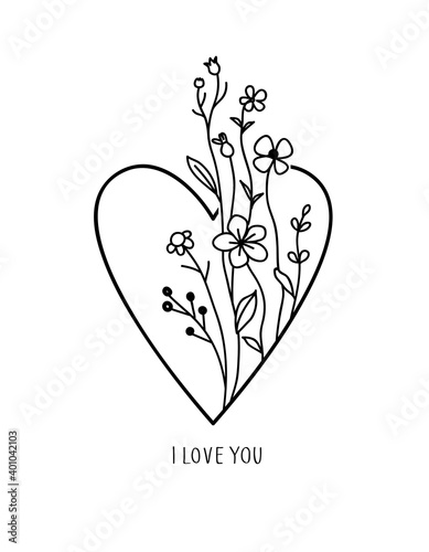 One line drawing with heart shape and decorative herb and wild flowers. I love you text. Vector illustration