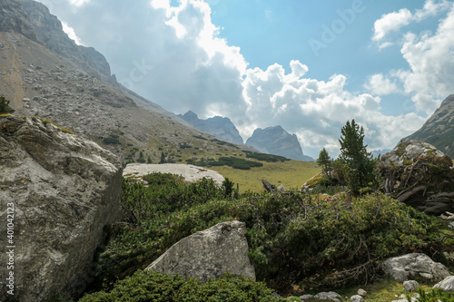 A close up view on a massive boulders overgrown with bushes in Italian Dolomites. There are high and sharp mountains in the back. Remote and desolate landscape. A bit of overcast photo