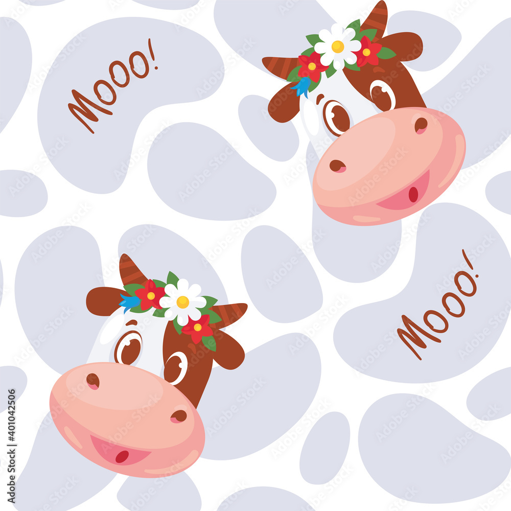 Seamless pattern with the head of a cow with a wreath on the head on the background of gray spots in the form of a cow's skin. Vector background for wallpaper, textile, paper, packaging Seamless pattern with the head of a cow with a wreath on the head on the background of gray spots in the form of a cow's skin. Vector background for wallpaper, textile, paper, packaging