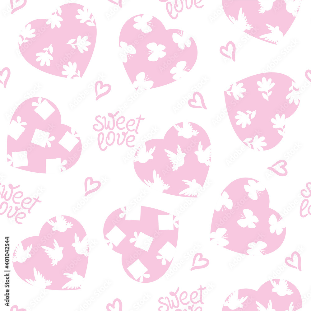 Seamless pattern of delicate pink hearts with silhouettes of flowers, butterflies and doves. Vector background for paper, wallpaper, textile, pajamas, t-shirts. Seamless pattern of delicate pink hearts with silhouettes of flowers, butterflies and doves. Vector background for paper, wallpaper, textile, pajamas, t-shirts.