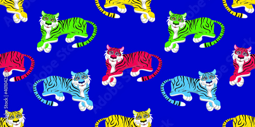 Cartoon colorful smiling tiger on blue background. Seamless pattern. Vector illustration.