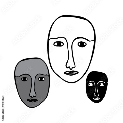 Isolated black and white vector illustration set of abstract lined cubist faces