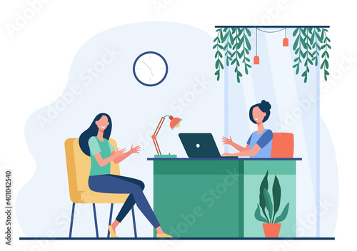 Woman characters having business conversation or meeting flat vector illustration. Cartoon HR manager talking with candidate for job. Interview and career concept