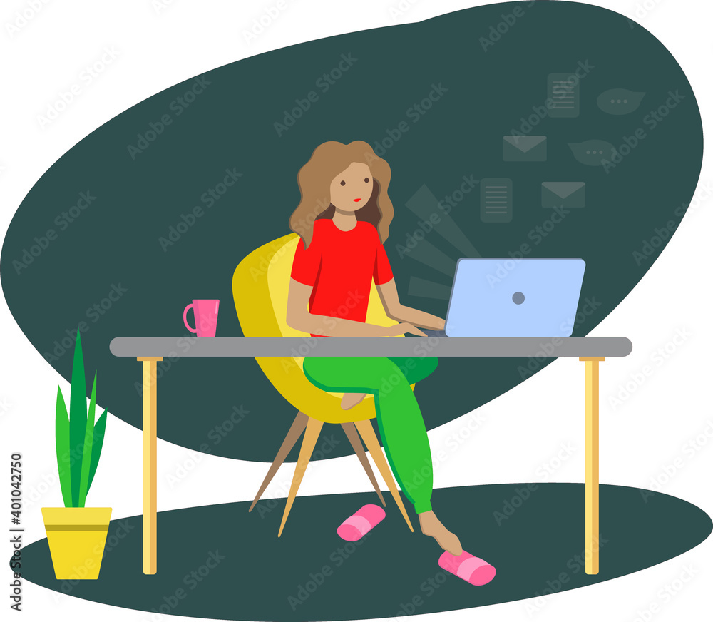 Woman with laptop working from home, girl student studying online, plant, cup of tea, slippers, cozy home office concept, cartoon vector illustration Woman with laptop working from home, girl student studying online, plant, cup of tea, slippers, cozy home office concept, cartoon vector illustration