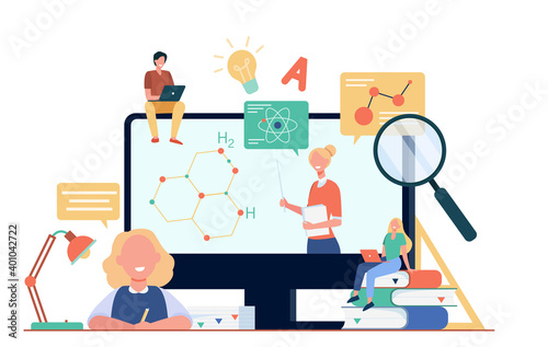 Happy students or pupils watching study webinar isolated flat vector illustration. Cartoon teacher teaching college course online. Computer education and graduation concept