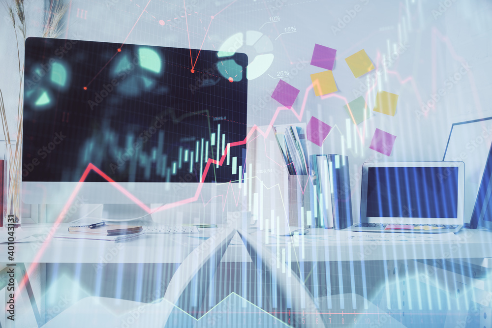 Double exposure of financial graph drawing and office interior background. Concept of stock market. Double exposure of financial graph drawing and office interior background. Concept of stock market.