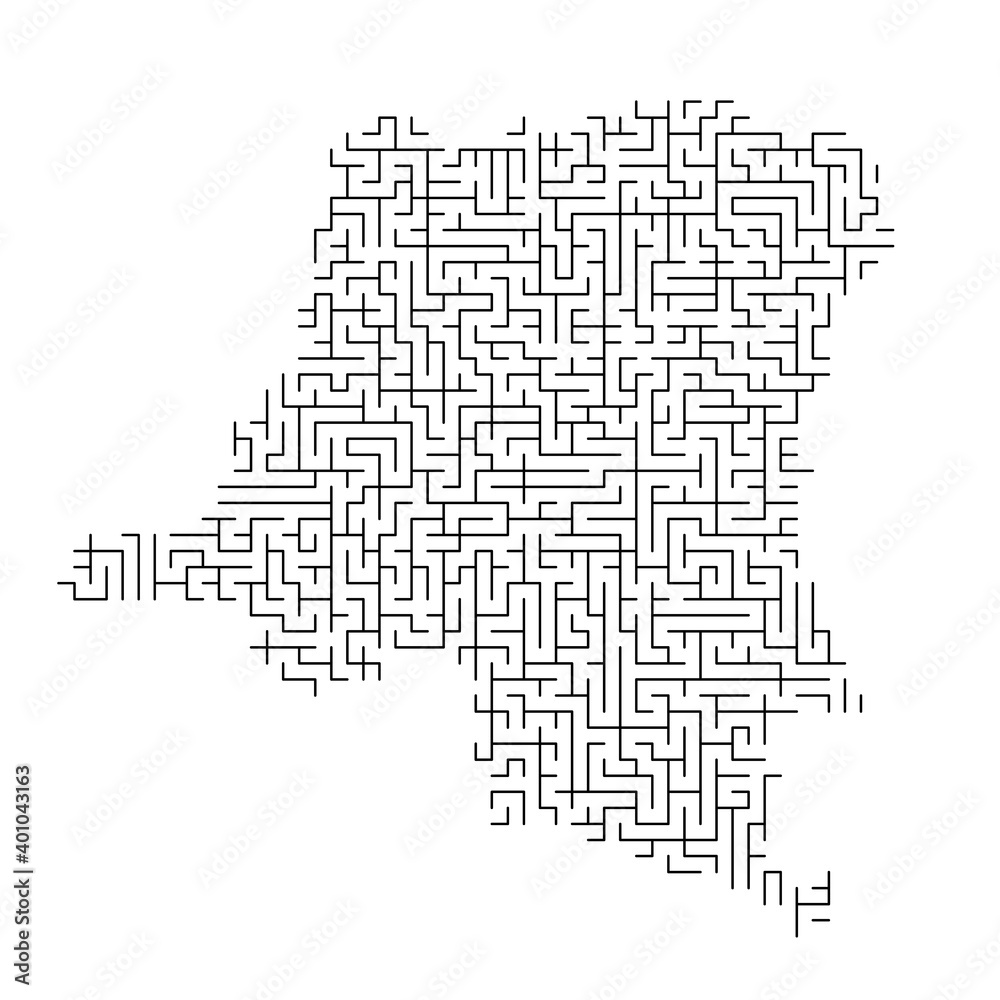Democratic Republic Of The Congo map from black pattern of the maze grid. Vector illustration.