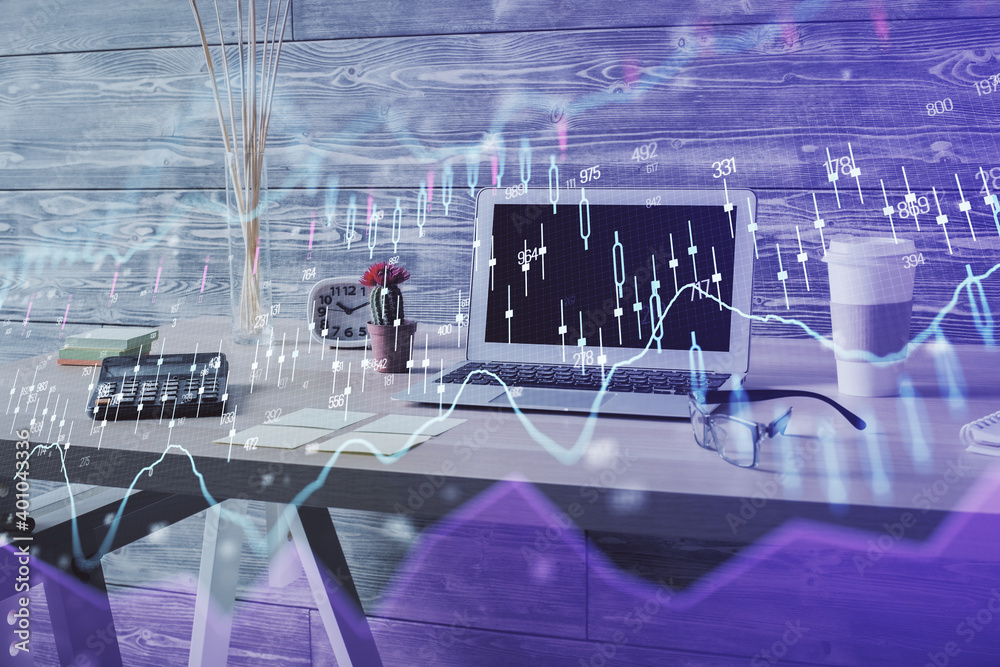 Double exposure of financial graph drawing and office interior background. Concept of stock market. Double exposure of financial graph drawing and office interior background. Concept of stock market.