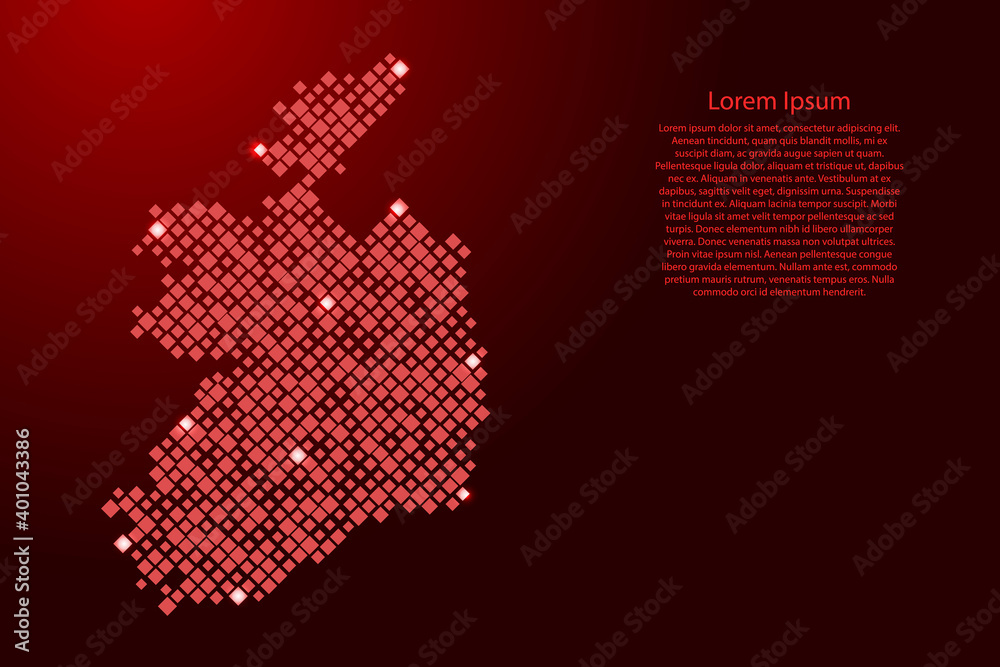 Ireland map from red pattern rhombuses of different sizes and glowing space stars grid. Vector illustration. Ireland map from red pattern rhombuses of different sizes and glowing space stars grid. Vector illustration.