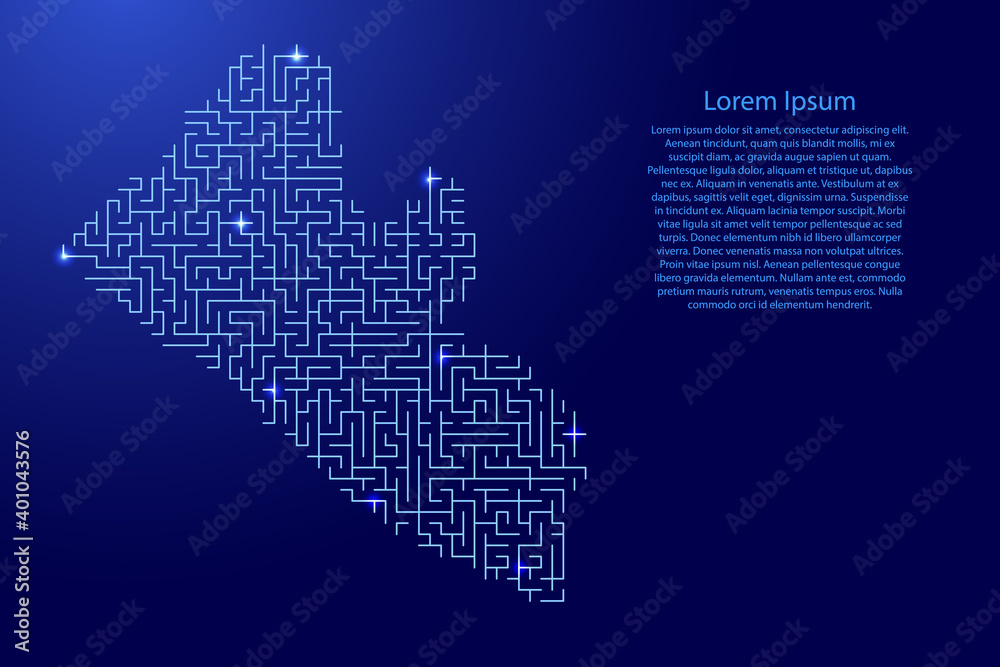 Liberia map from blue pattern of the maze grid and glowing space stars grid. Vector illustration.